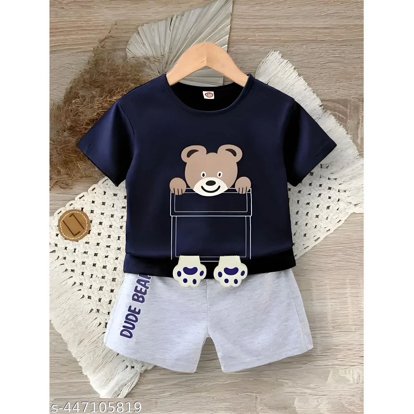 Navy Blue Printed Cotton Blend T-Shirts & Shorts For Kids